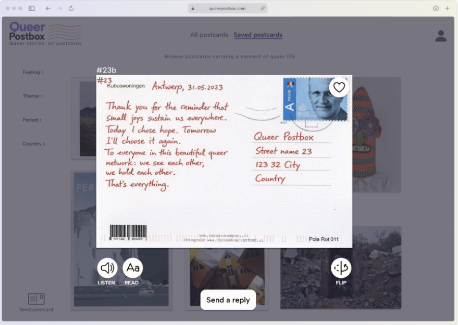 Flip side of the user's own postcard confirming it was sent