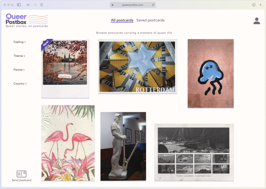 Main page of the Queer Postbox showing a grid of postcards